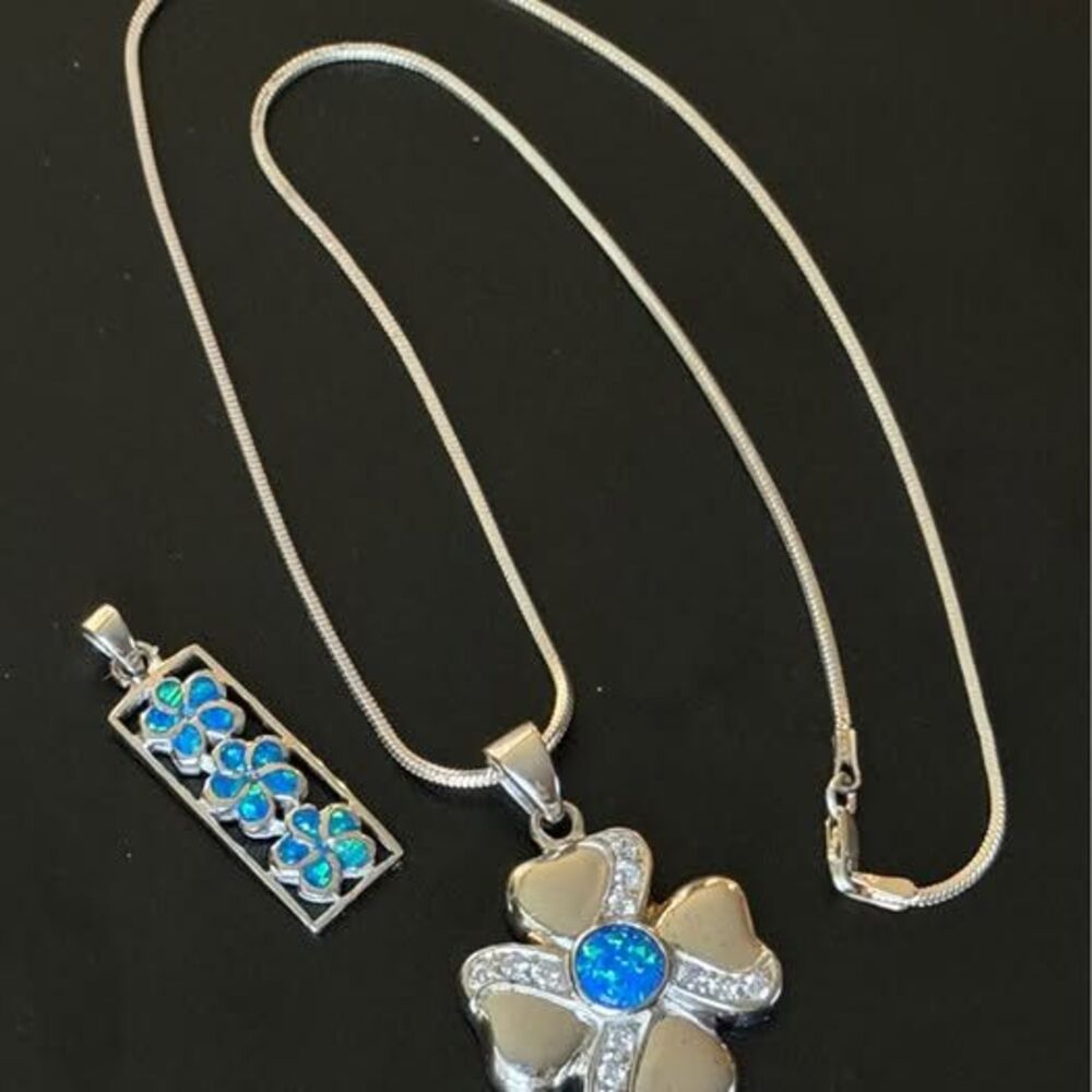 Sterling Silver Opal Necklace with Two Interchangeable Pendants | 15” Chain